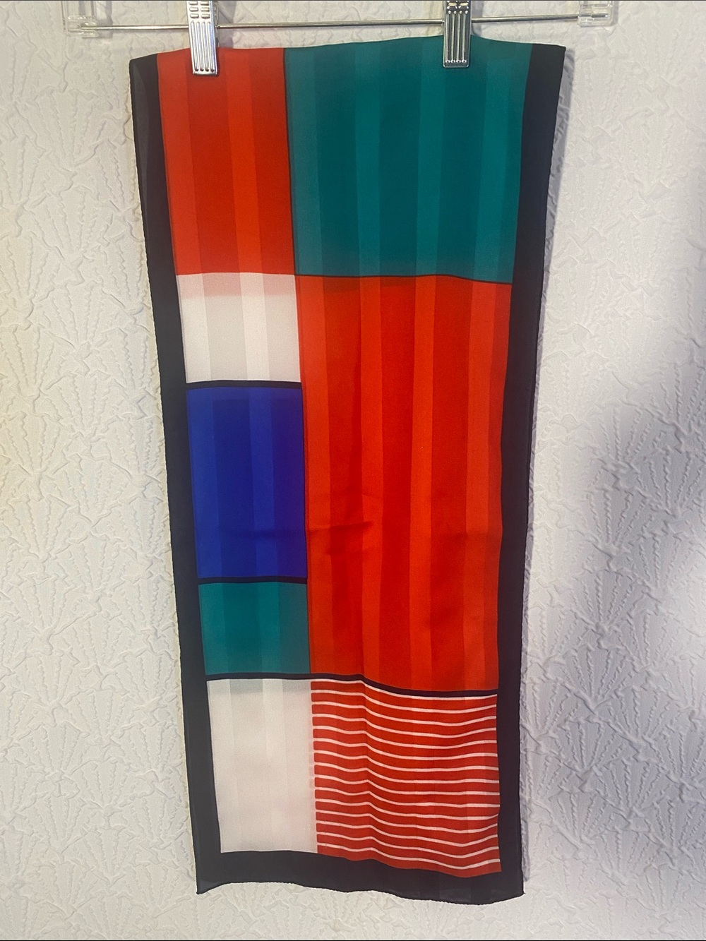 Colorblock Geometric Silk Scarf in Red, Teal, Blue
